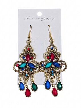 3/$20 NWT | Multi Color Jewel Antique Gold Chandelier Drop Earrings Boho | OS